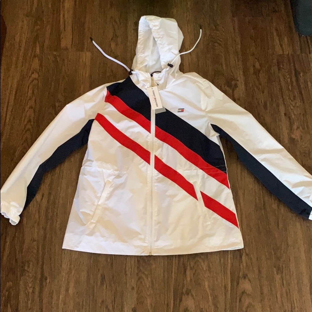 Tommy Hilfiger White Hooded Windbreaker with Red & Navy Diagonal Stripes